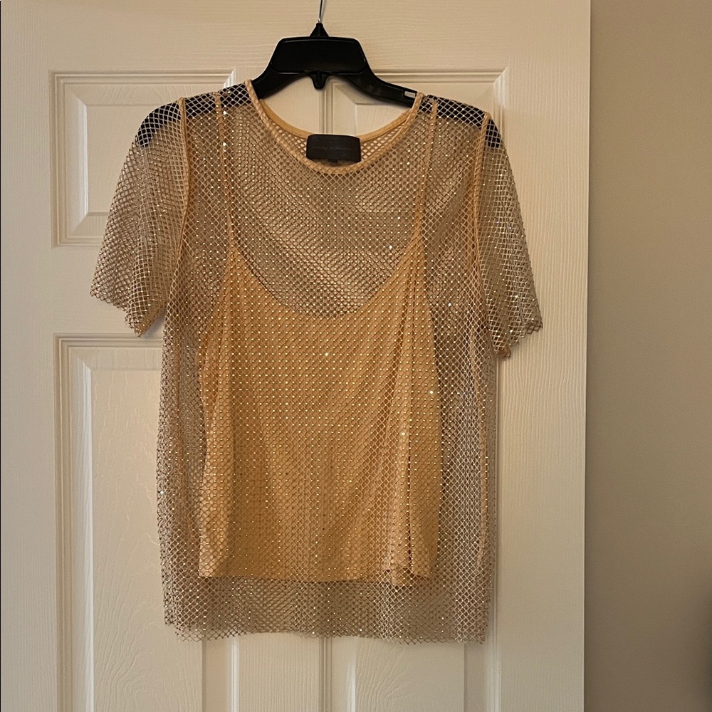 Sunday in Brooklyn Metallic Mesh Tee with Beige Camisole